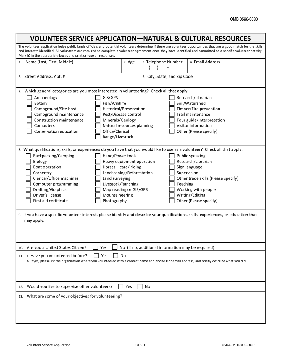 Optional Form 301 Volunteer Service Application - Natural and Cultural Resources, Page 1