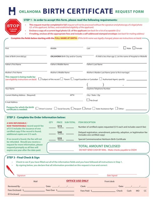 Oklahoma Birth Certificate Request Form - Oklahoma Download Pdf