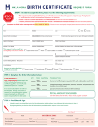 Oklahoma Birth Certificate Request Form - Oklahoma