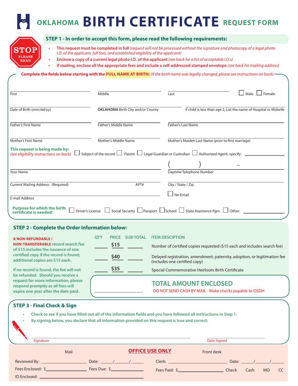 Oklahoma Birth Certificate Request Form - Oklahoma, Page 1