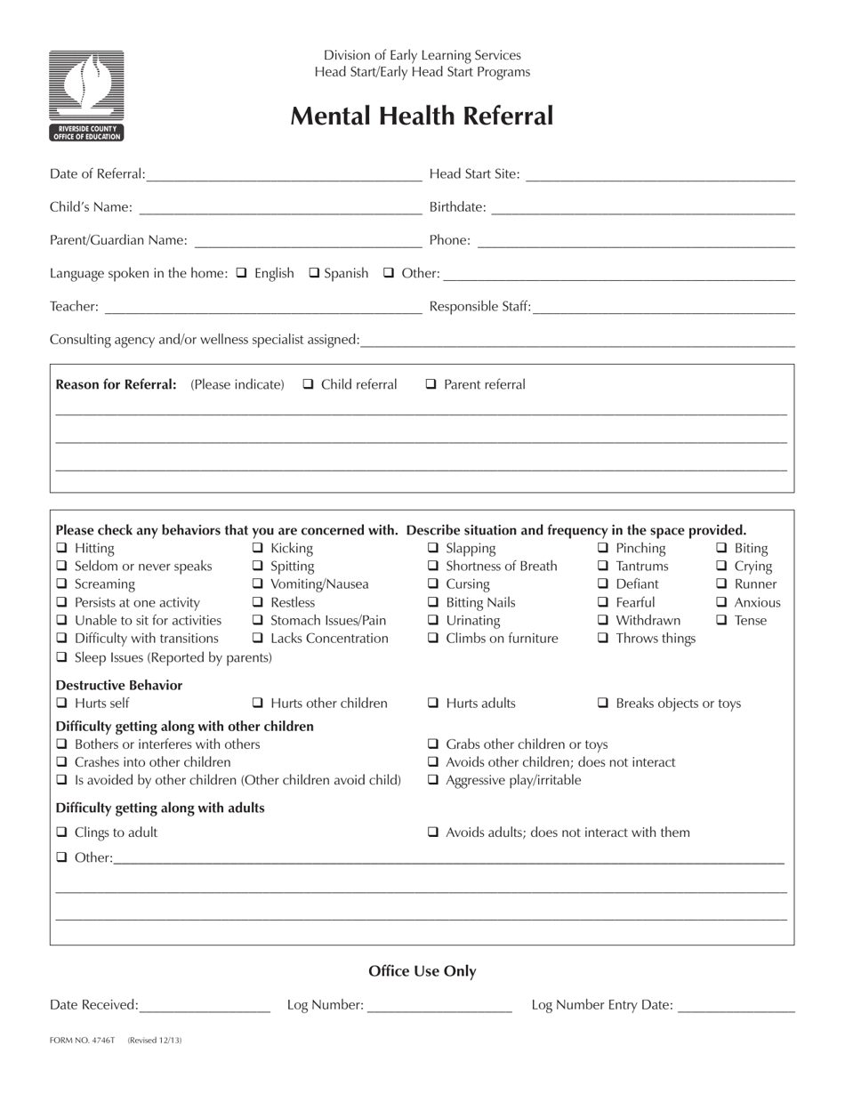 Form 4746T Mental Health Referral - County of Riverside, California, Page 1