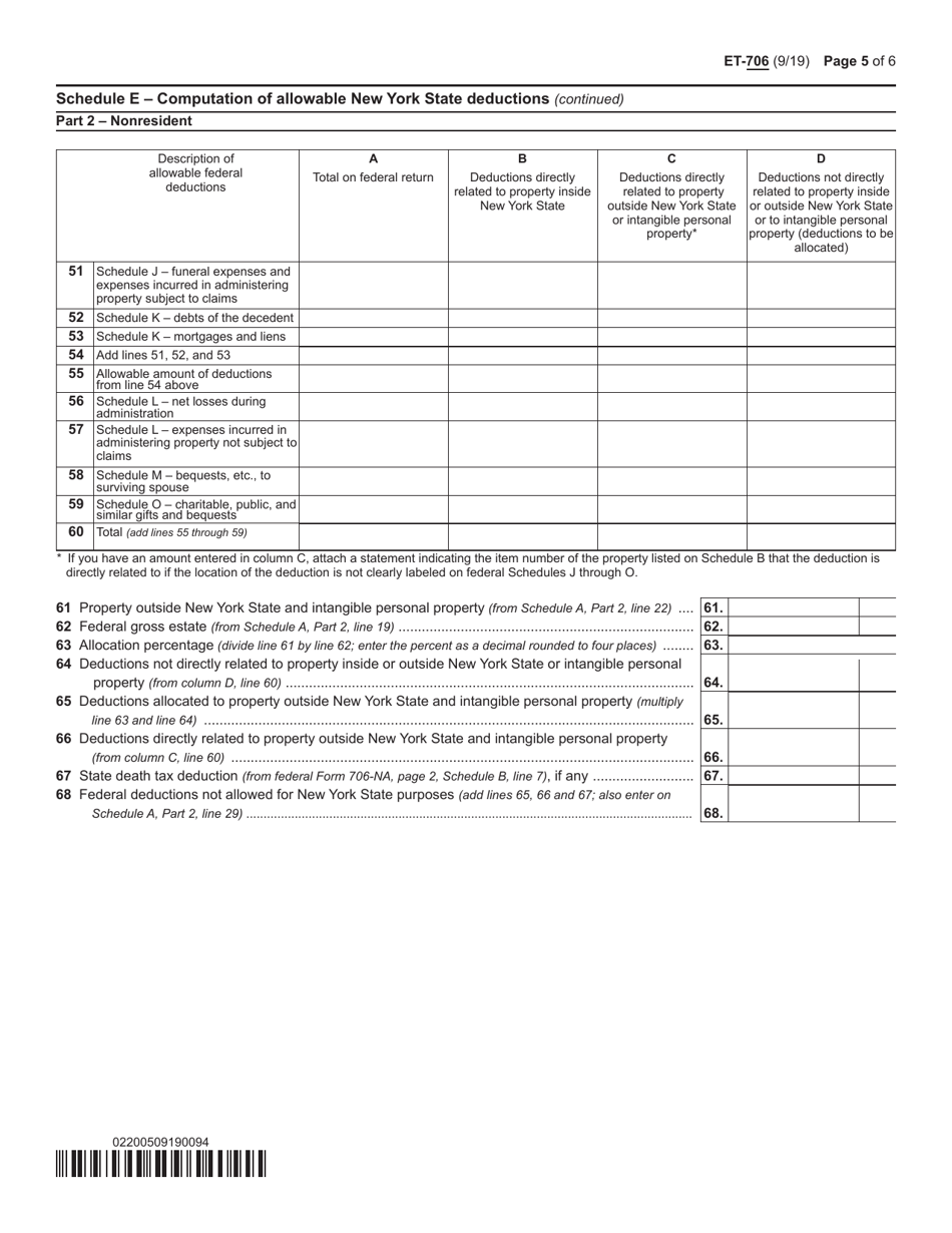 Form ET-706 New York State Estate Tax Return - New York, Page 5