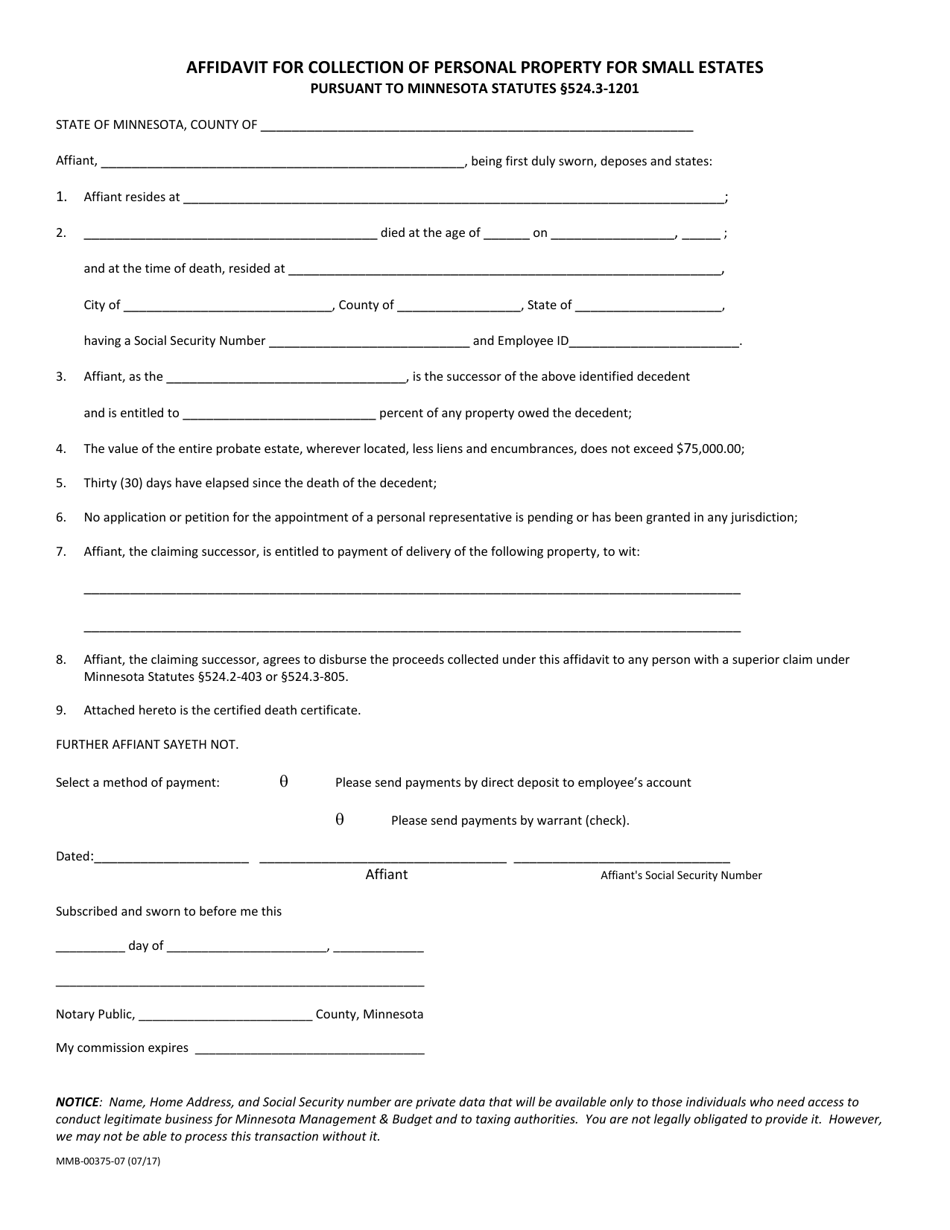 Form MMB-00375-07 Affidavit for Collection of Personal Property for Small Estates - Minnesota, Page 1