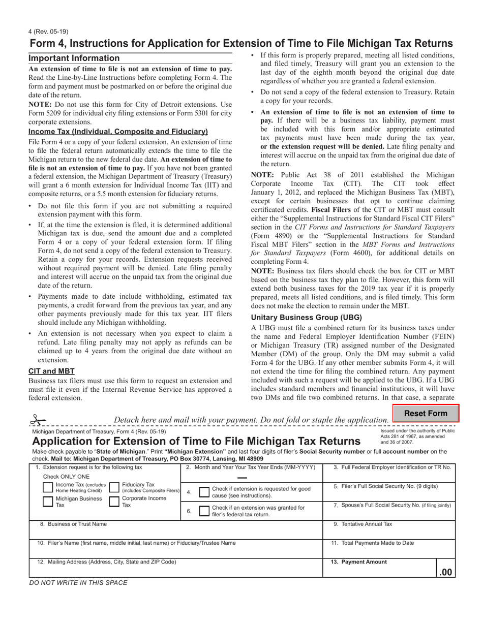 Form 4 Application for Extension of Time to File Michigan Tax Returns - Michigan, Page 1