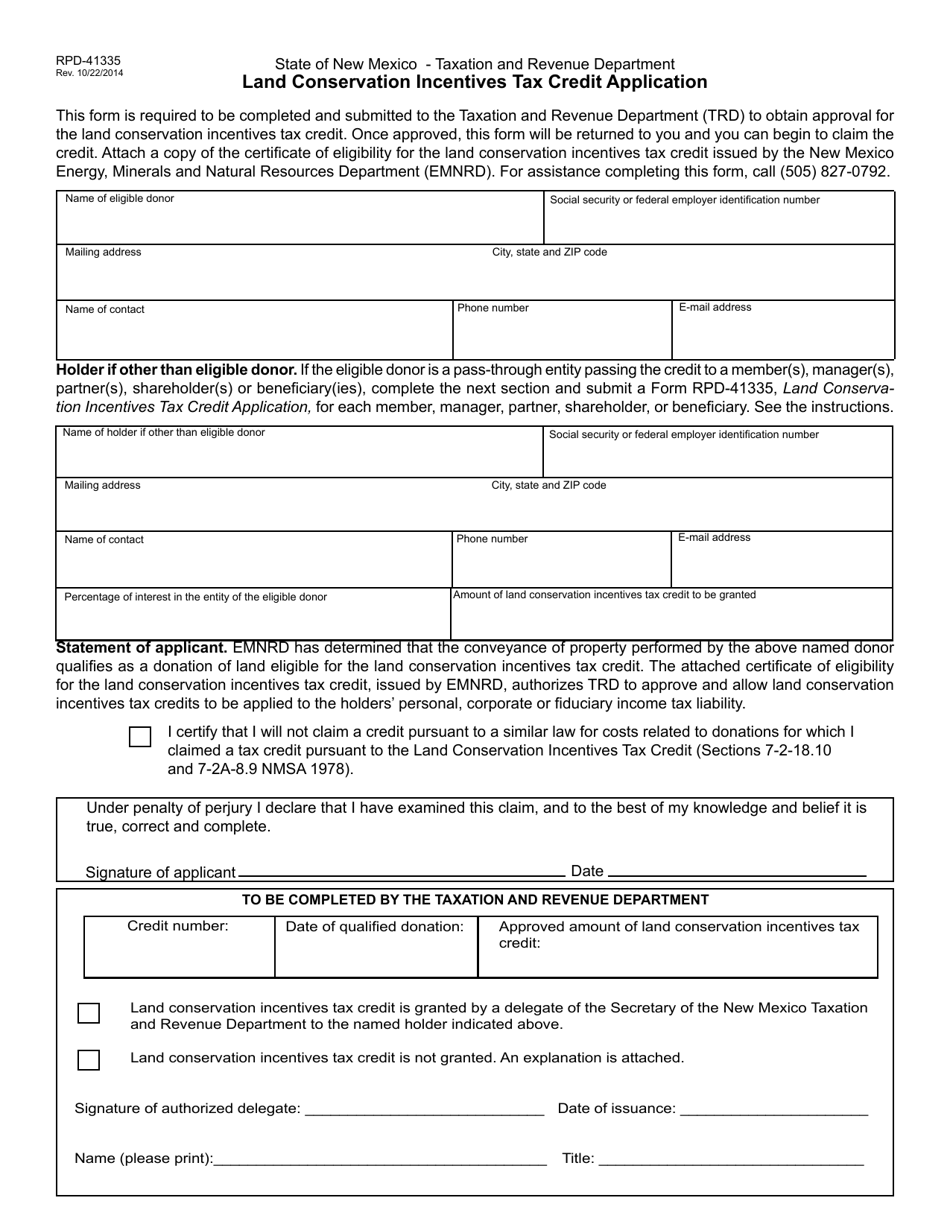 Form RPD-41335 Land Conservation Incentives Tax Credit Application - New Mexico, Page 1