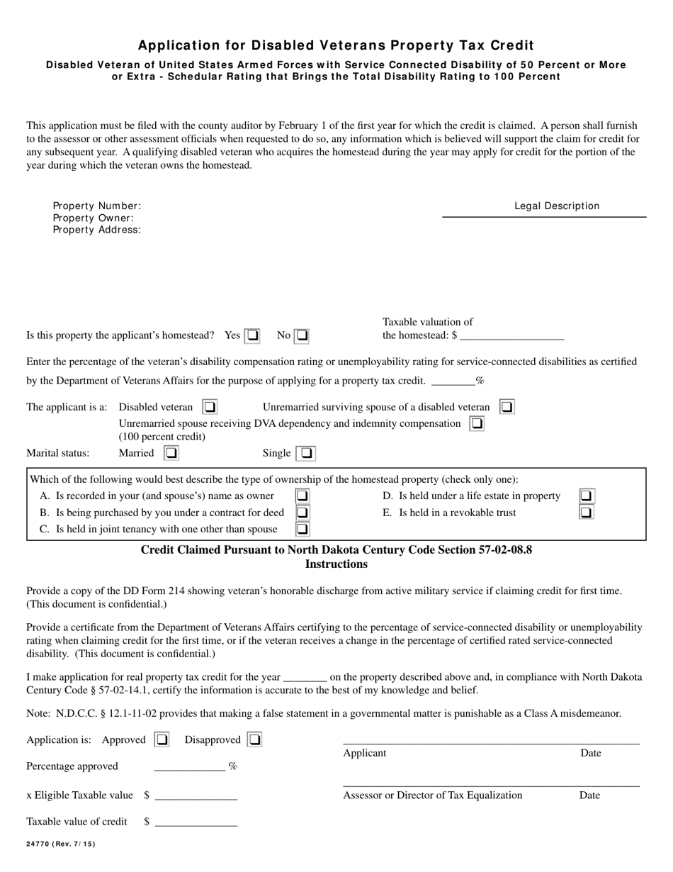 Form 24770 Application for Disabled Veterans Property Tax Credit - North Dakota, Page 1