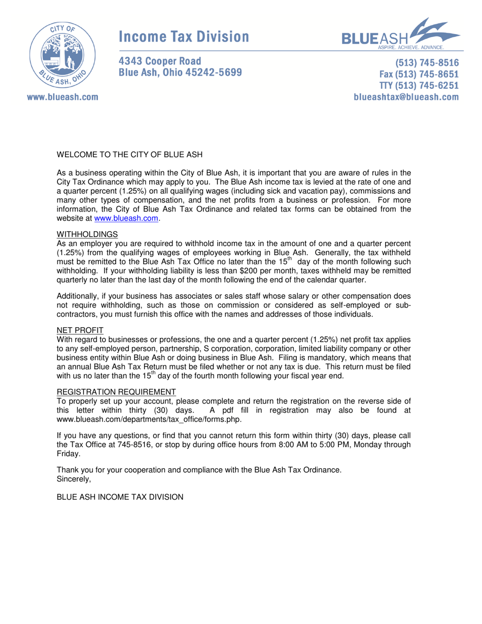 Confidential Business Registration - City of Blue Ash, Ohio, Page 1