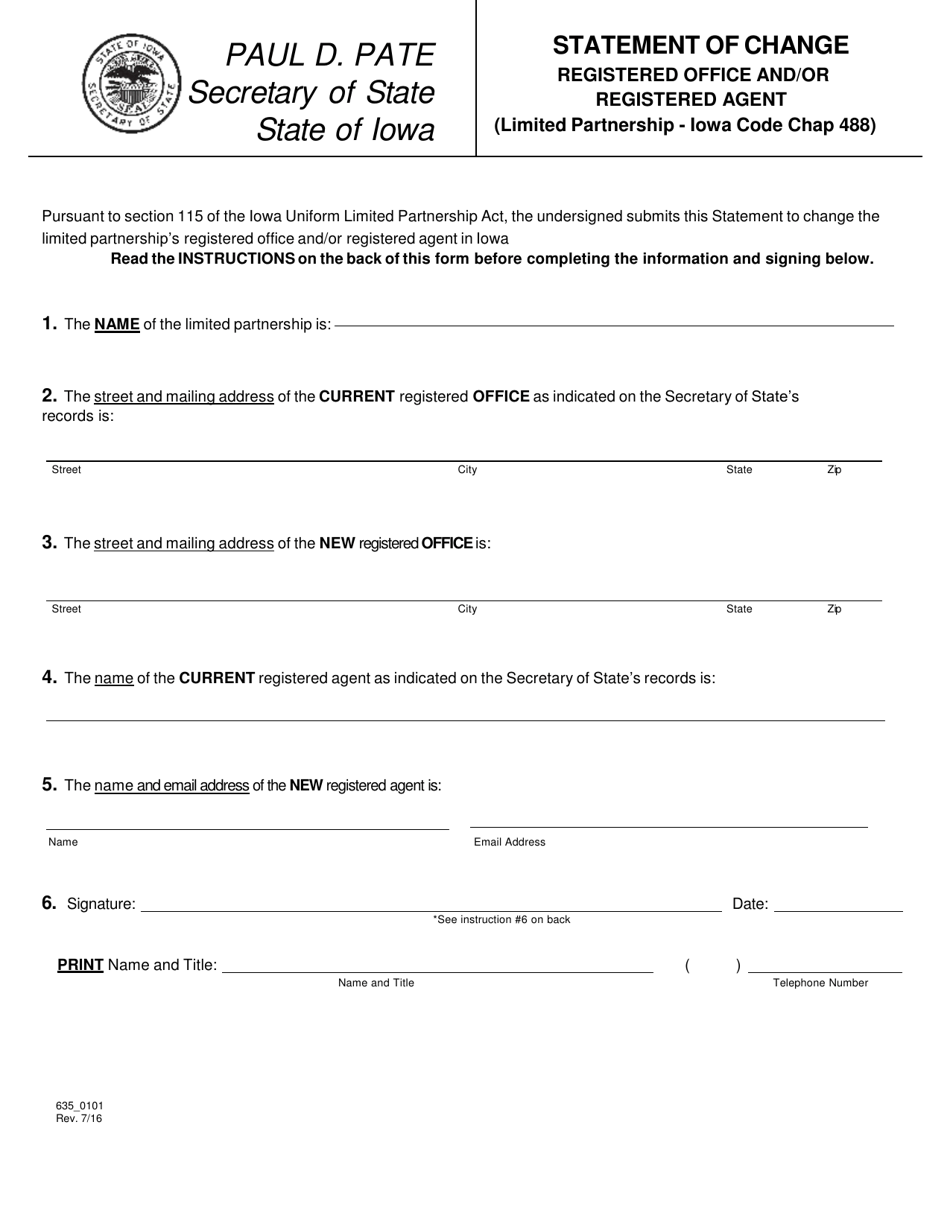 Statement of Change Registered Office and / or Registered Agent - Iowa, Page 1