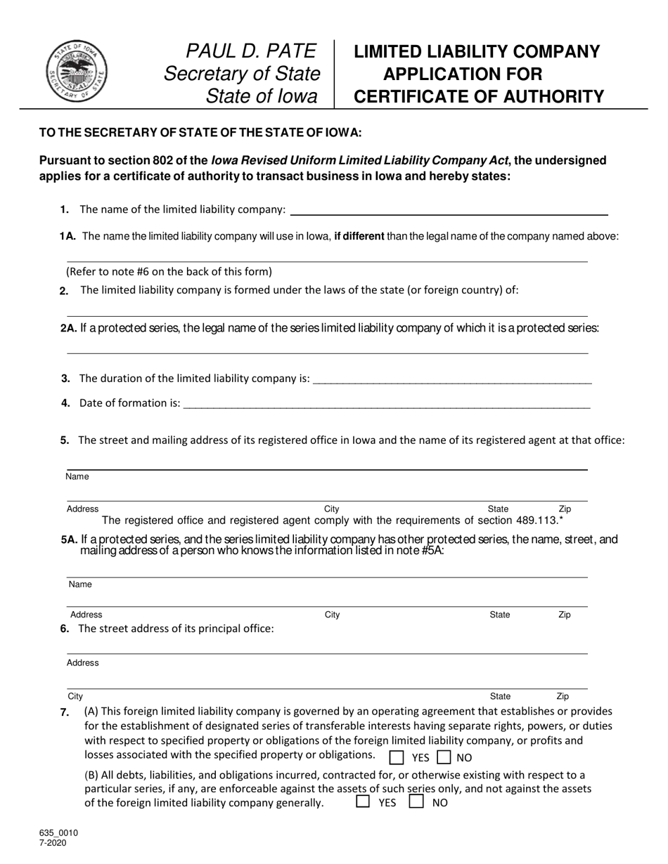 Limited Liability Company Application for Certificate of Authority - Iowa, Page 1