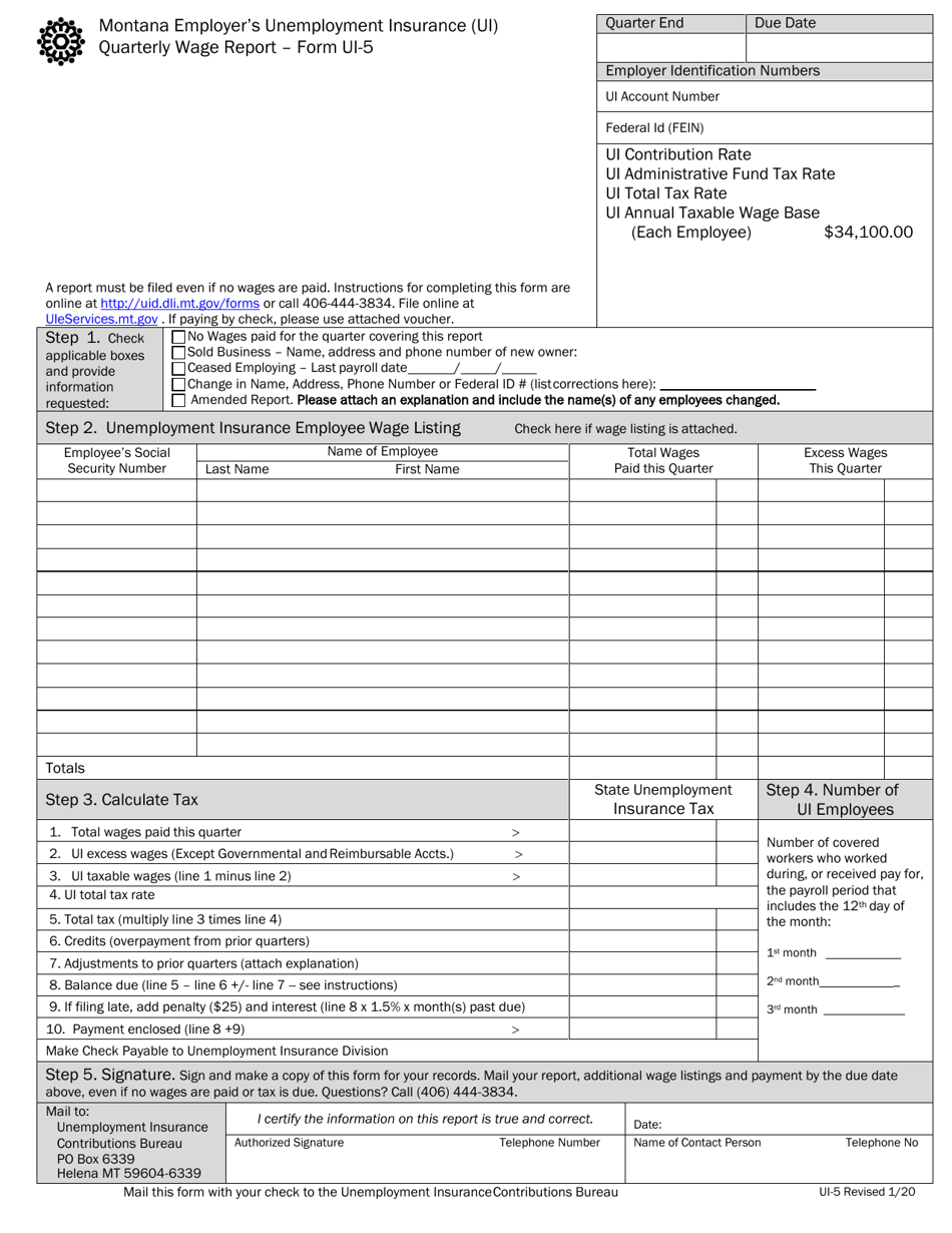 Form UI-5 Quarterly Wage Report - Montana, Page 1