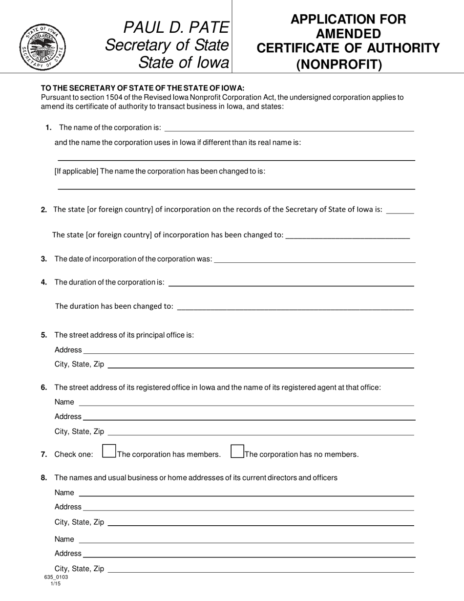 Form 635_0103 Application for Amended Certificate of Authority (Nonprofit) - Iowa, Page 1