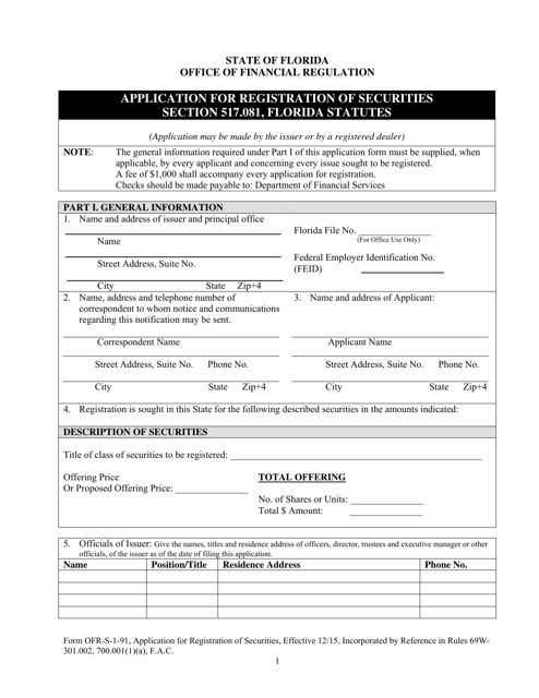 Form OFR-S-1-91 Application for Registration of Securities Section 517.081, Florida Statutes - Florida