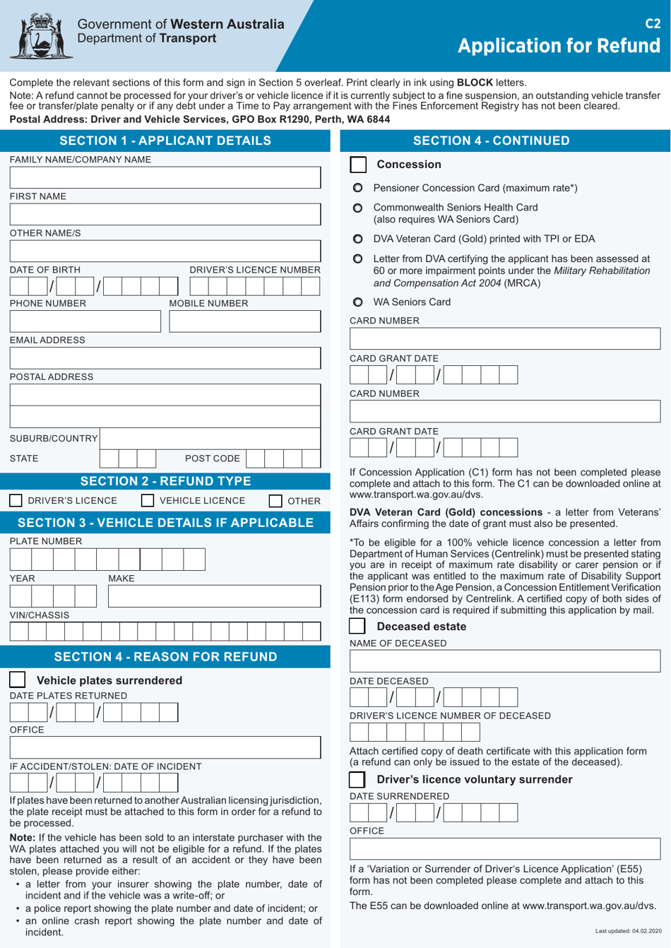 Form C2 Application for Refund - Western Australia, Australia, Page 1