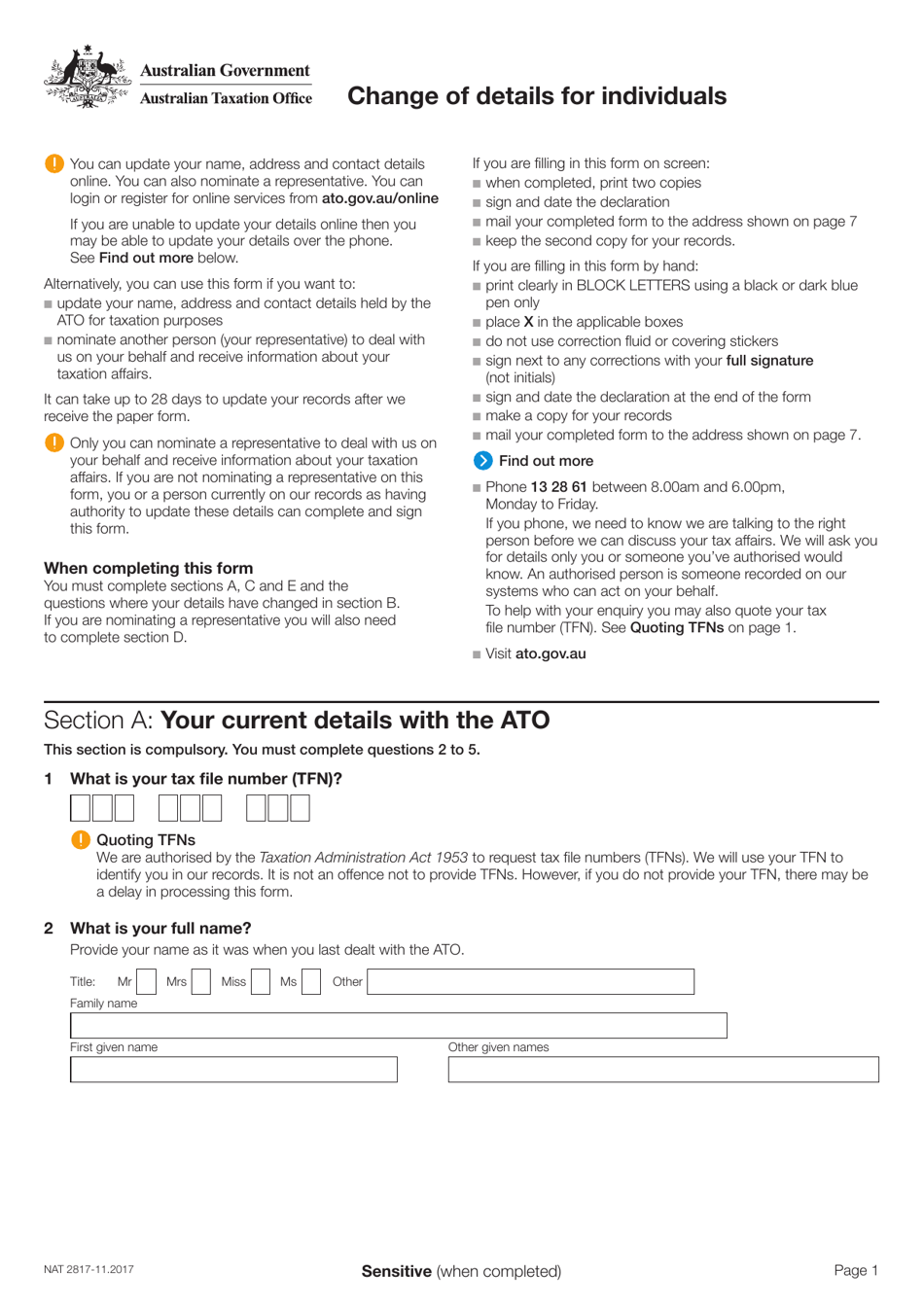 Form NAT2817 Change of Details for Individuals - Australia, Page 1