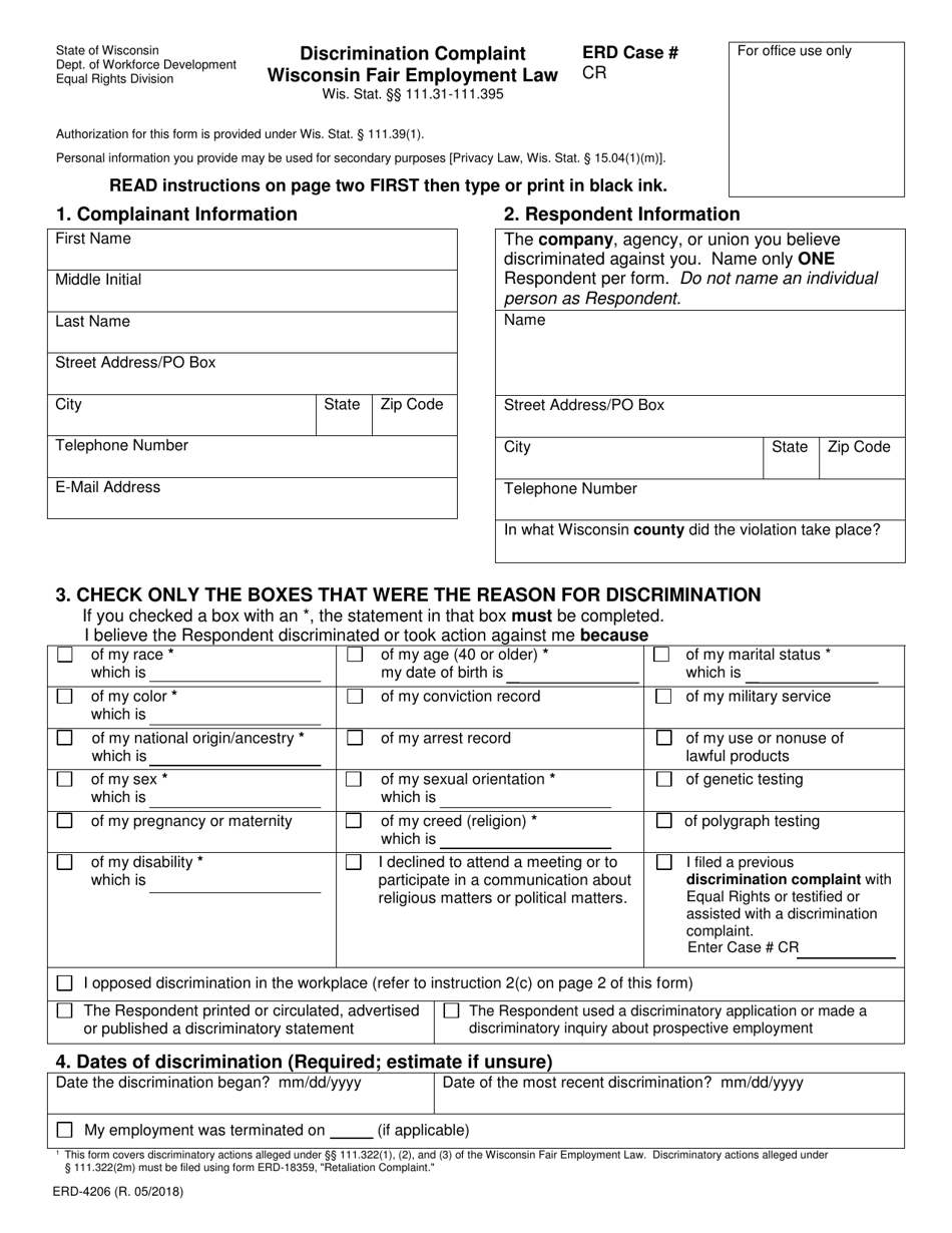 Form ERD-4206 Discrimination Complaint Wisconsin Fair Employment Law - Wisconsin, Page 1