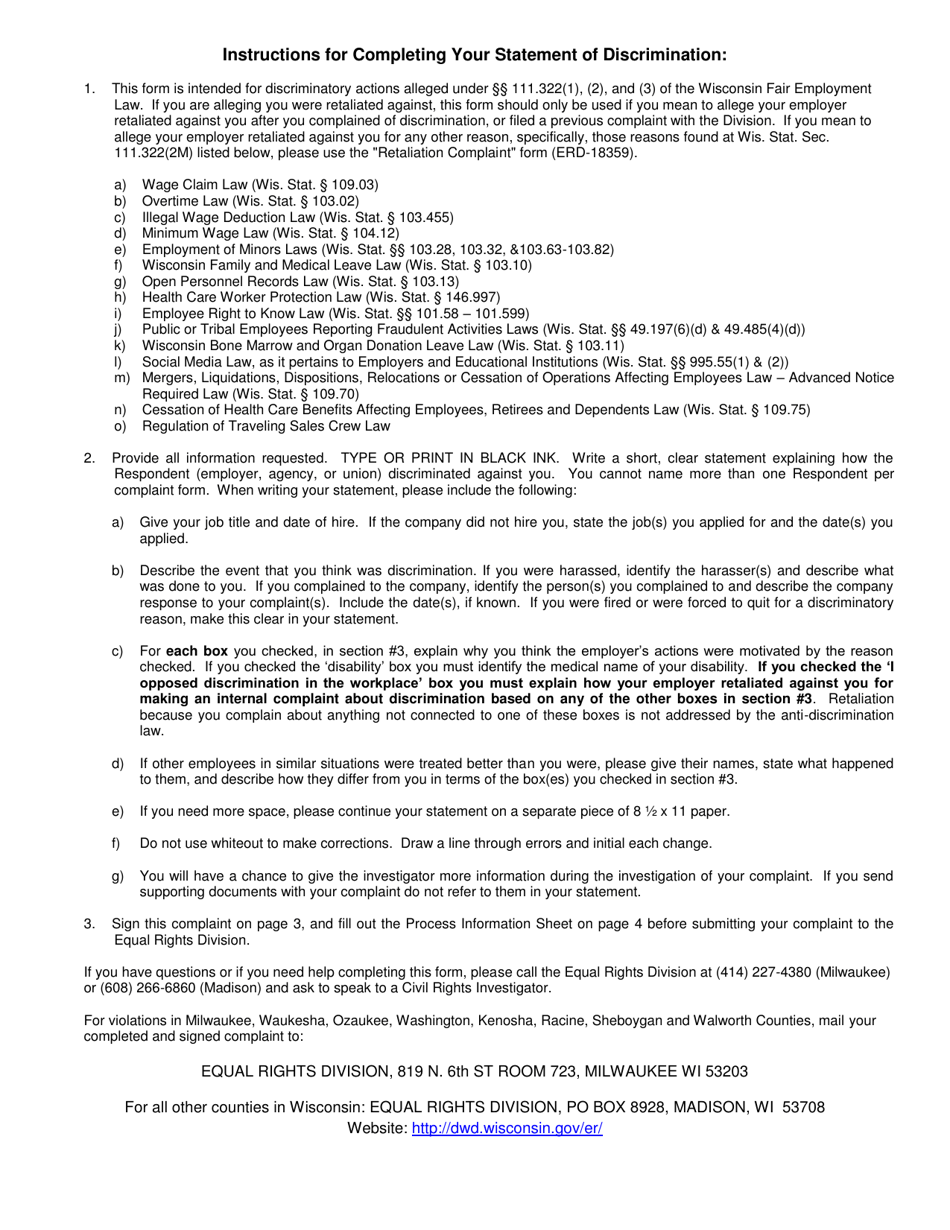 Form ERD-4206 Discrimination Complaint Wisconsin Fair Employment Law - Wisconsin, Page 2