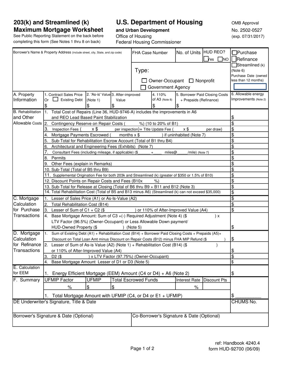 Form HUD-92700 203(K) and Streamlined (K) Maximum Mortgage Worksheet, Page 1