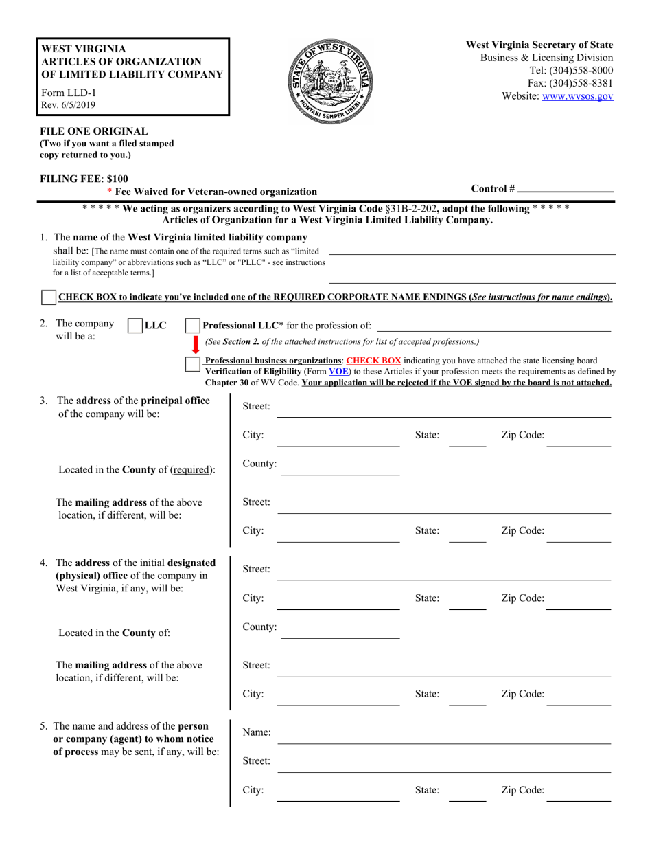 Form LLD-1 Articles of Organization of Limited Liability Company - West Virginia, Page 1