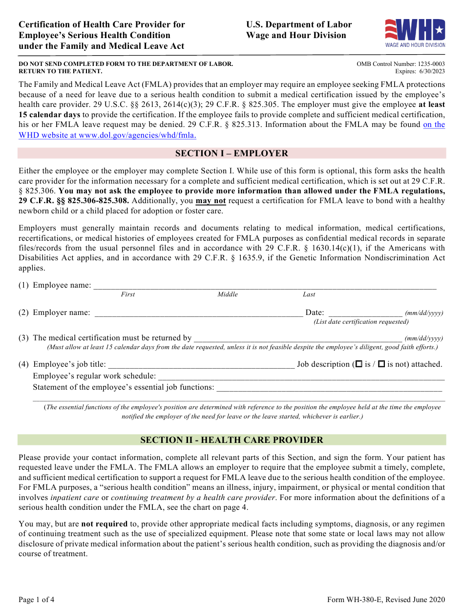 Form WH380E Download Fillable PDF or Fill Online Fmla Certification