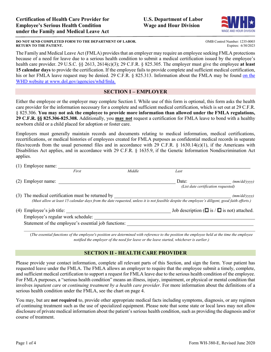 Form WH380E Download Fillable PDF or Fill Online Fmla Certification