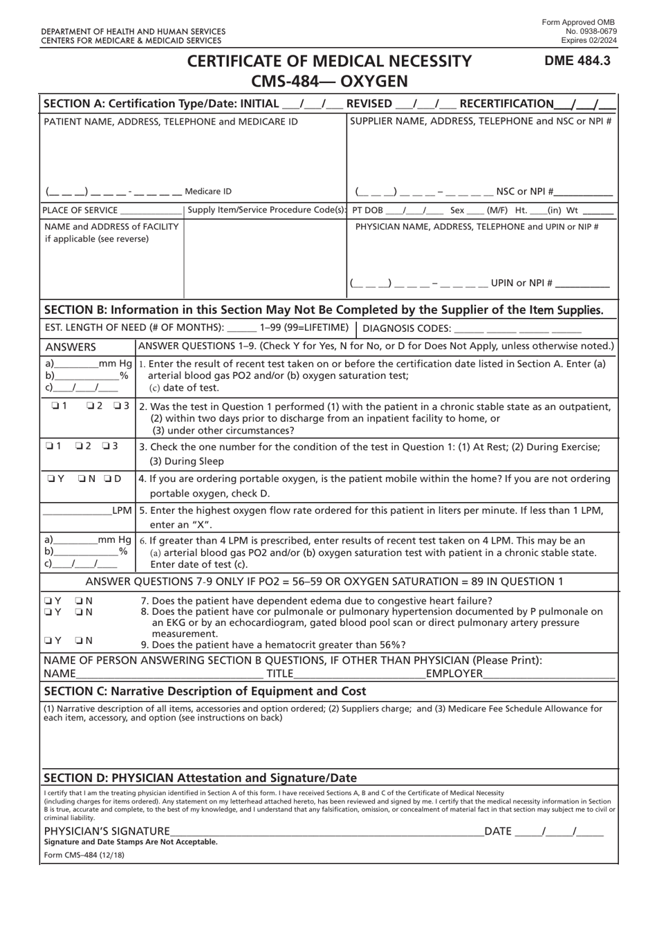 Form CMS-484 Certificate of Medical Necessity - Oxygen, Page 1