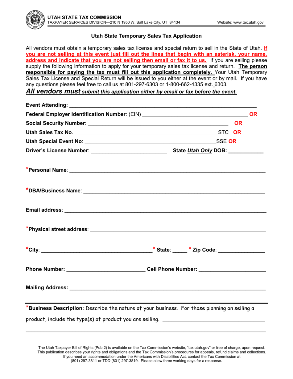 Utah State Temporary Sales Tax Application - Utah, Page 1