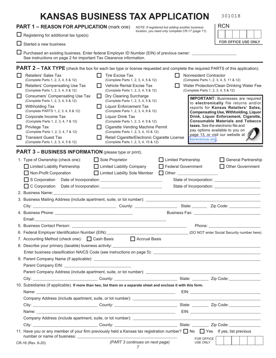 Form CR-16 Business Tax Application - Kansas, Page 1