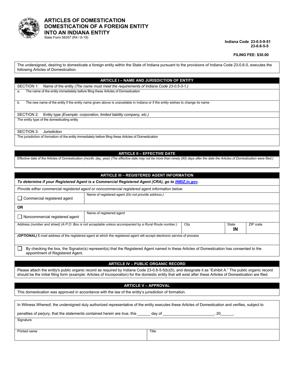 State Form 56357 Articles of Domestication - Domestication of a Foreign Entity Into an Indiana Entity - Indiana, Page 2