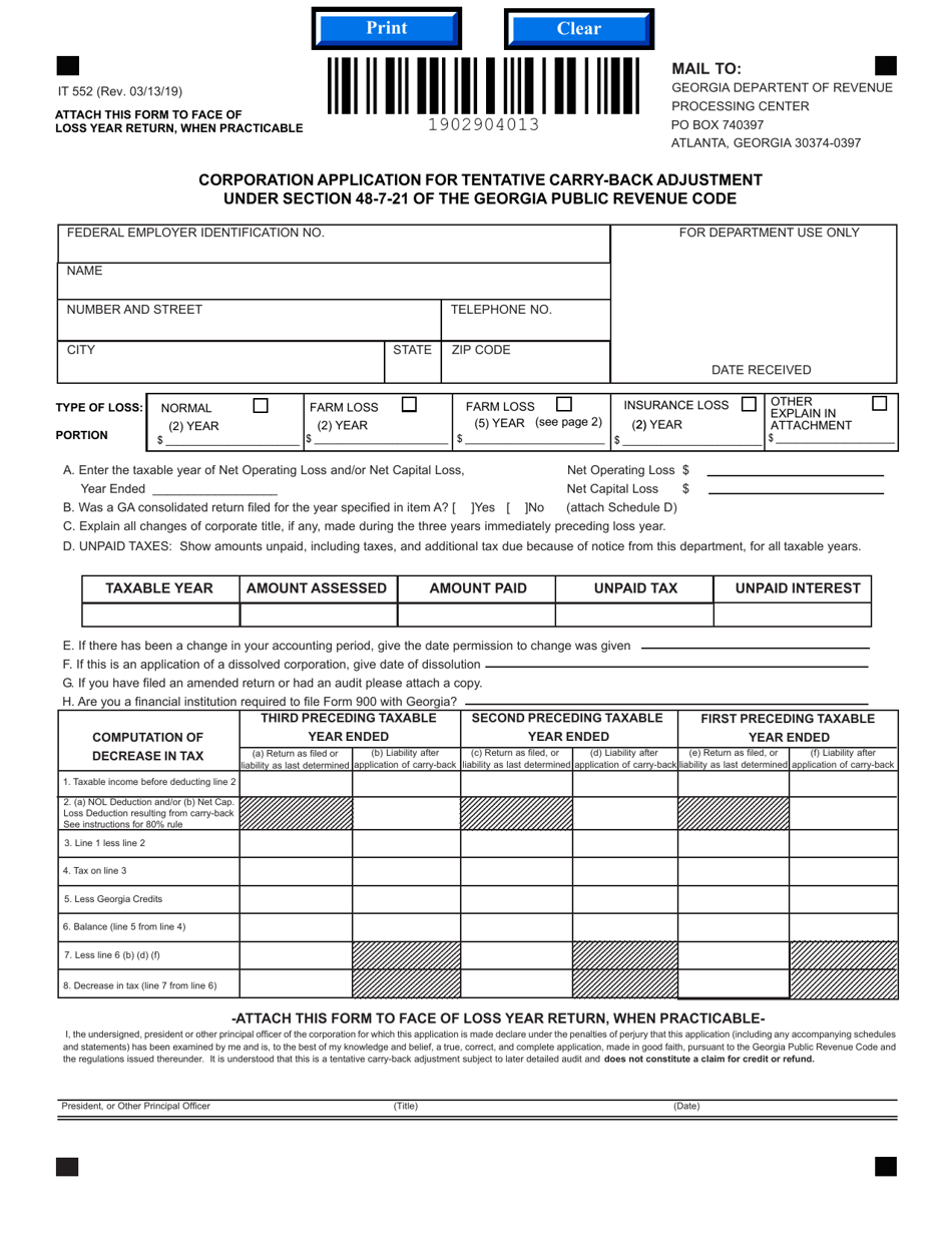 Form IT552 Corporation Application for Tentative Carry-Back Adjustment Under Section 48-7-2 1 of the Georgia Public Revenue Code - Georgia (United States), Page 1