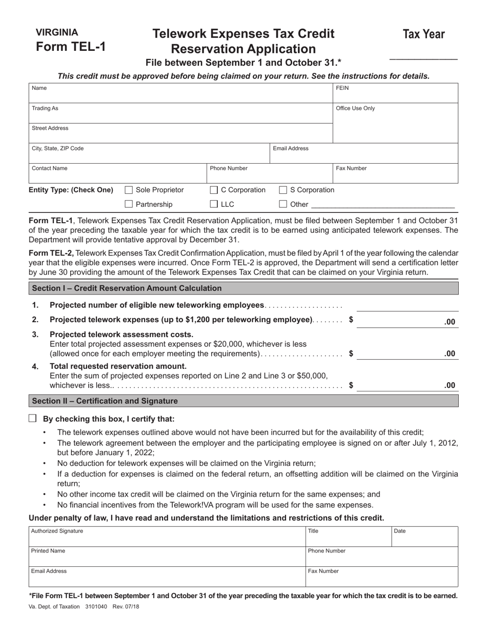 Form TEL-1 Telework Expenses Tax Credit Reservation Application - Virginia, Page 1