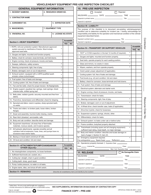 Optional Form 296 Vehicle/Heavy Equipment Pre-use Inspection Checklist