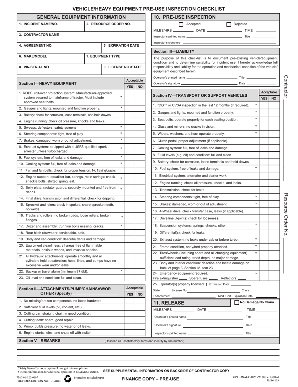 Optional Form 296 Vehicle / Heavy Equipment Pre-use Inspection Checklist, Page 1