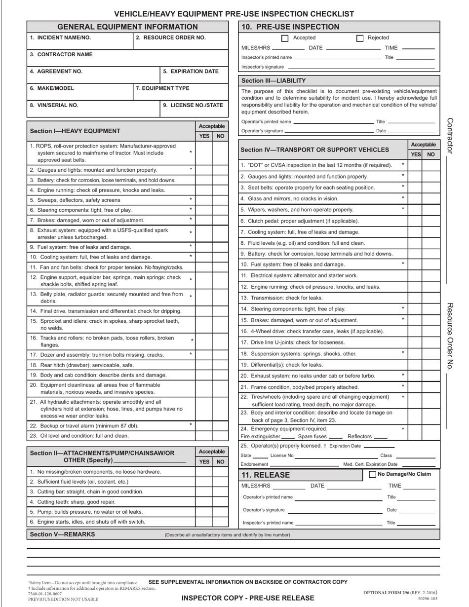 Optional Form 296 Vehicle / Heavy Equipment Pre-use Inspection Checklist, Page 6