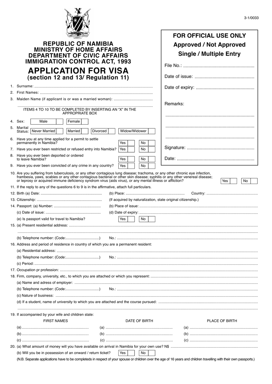 namibia tourist visa application form