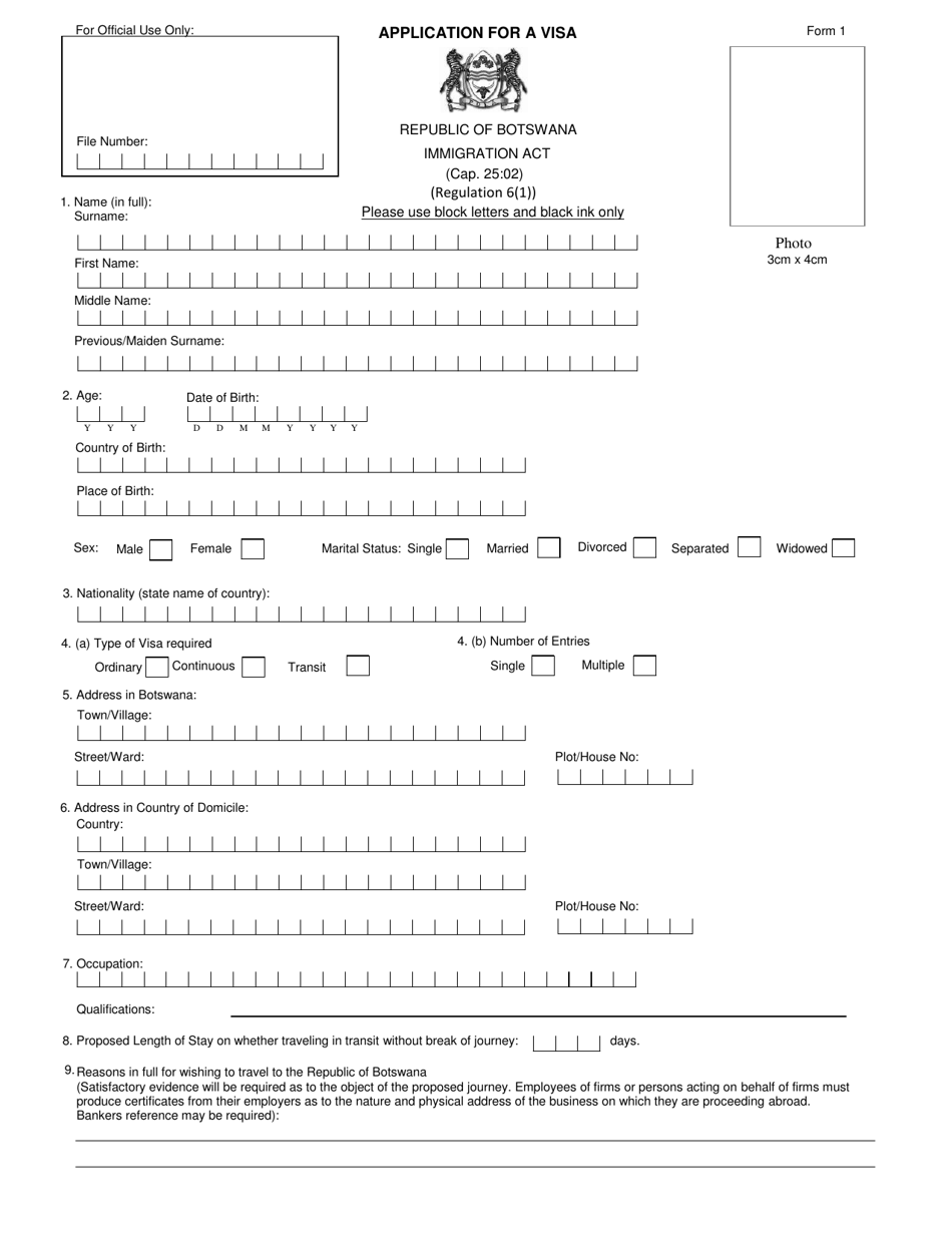 Form 1 Republic of Botswana Visa Application Form, Page 1