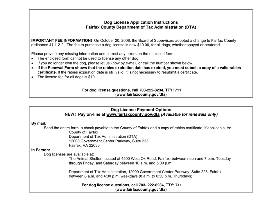 County of Fairfax, Virginia Dog License Application Fill Out, Sign