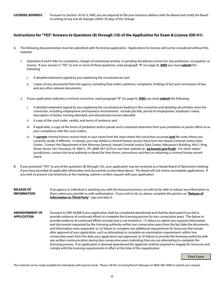 OD- Form 01 Application for Exam  License - Optometrist - Hawaii, Page 4