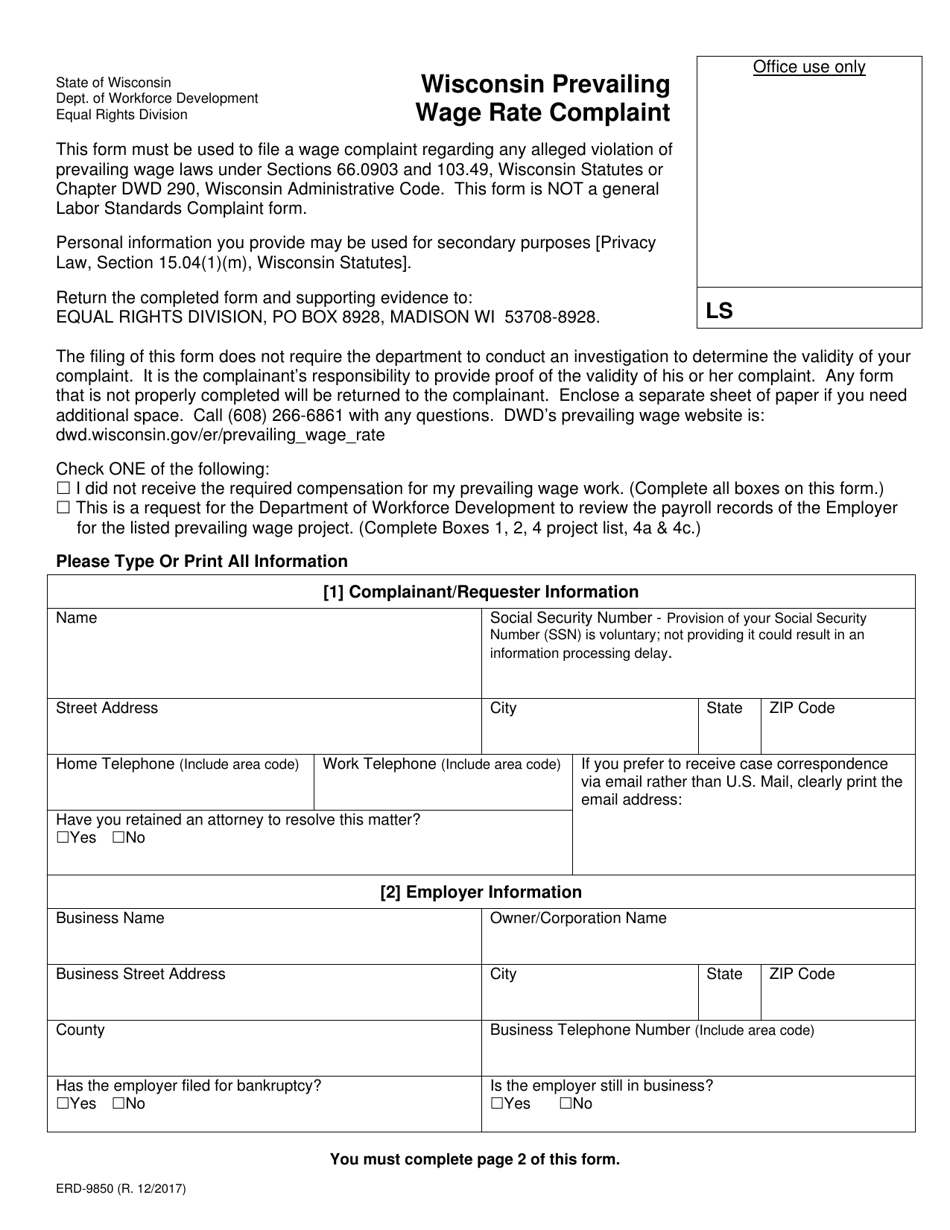 Form ERD-9850 Wisconsin Prevailing Wage Rate Complaint - Wisconsin, Page 1