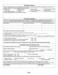 Form ERD-9850 Wisconsin Prevailing Wage Rate Complaint - Wisconsin, Page 2