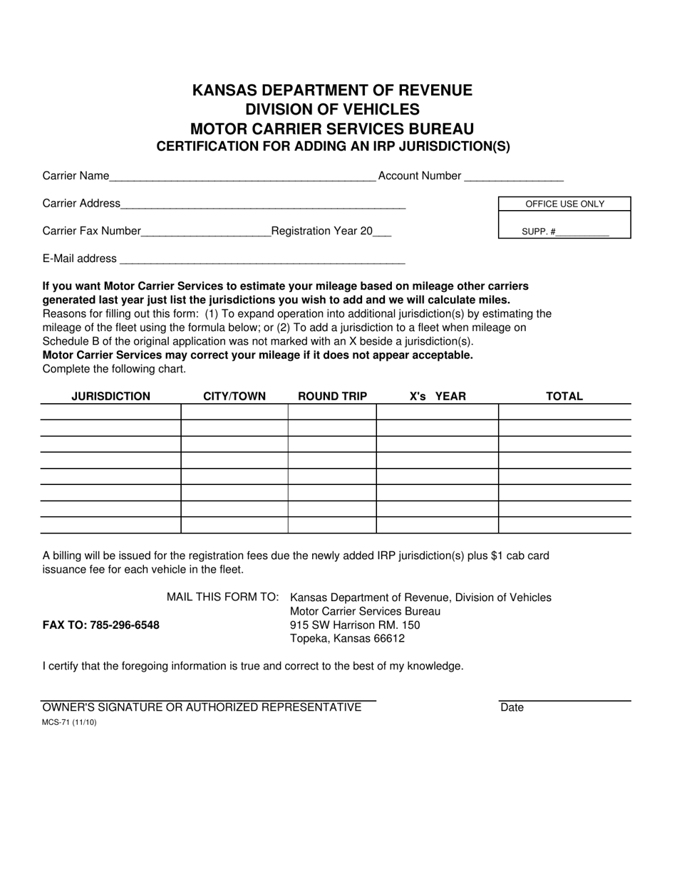 Form MCS-71 Certification for Adding an Irp Jurisdiction(S) - Kansas, Page 1