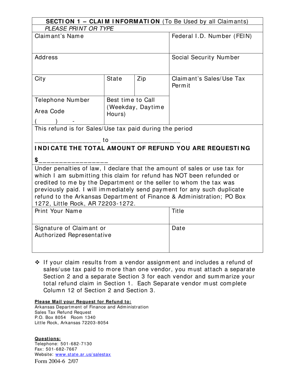 Form 2004-6 Arkansas State and Local Sales / Use Taxes Claim for Refund - Arkansas, Page 2