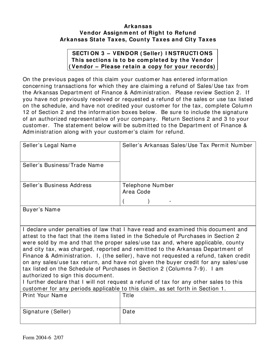 Form 2004-6 Arkansas State and Local Sales / Use Taxes Claim for Refund - Arkansas, Page 5