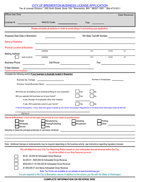 Business License Application - City of Bremerton, Washington