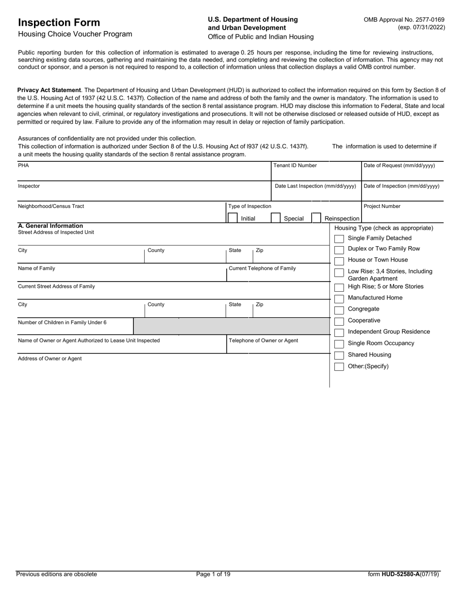 Form HUD-52580-A Inspection Form Housing Choice Voucher Program, Page 1