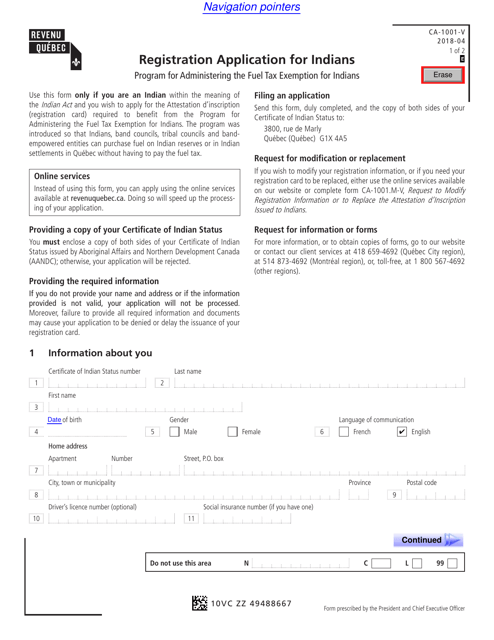 Form CA-1001-V Registration Application for Indians - Quebec, Canada