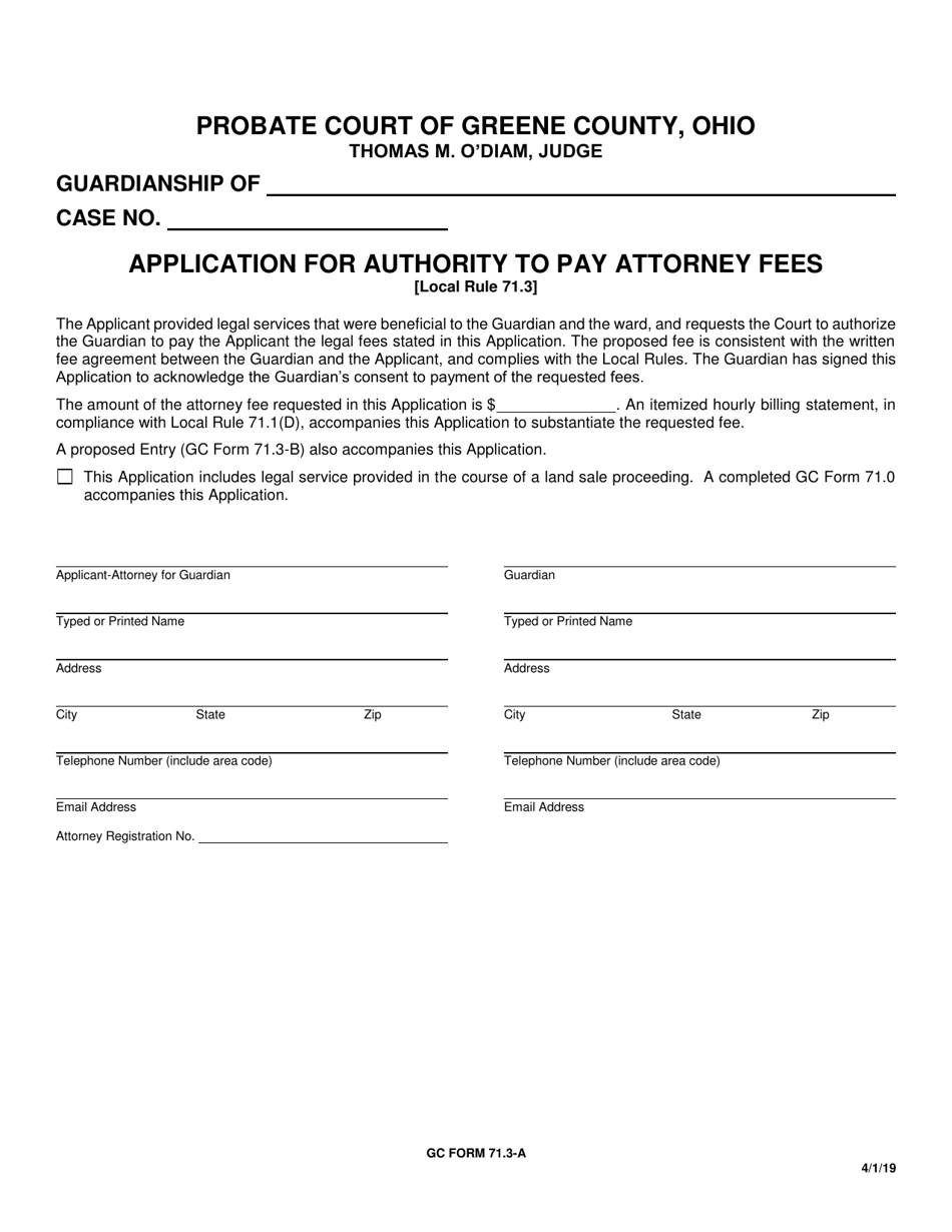 GC Form 71.3-A Application for Authority to Pay Attorney Fees - Greene County, Ohio, Page 1