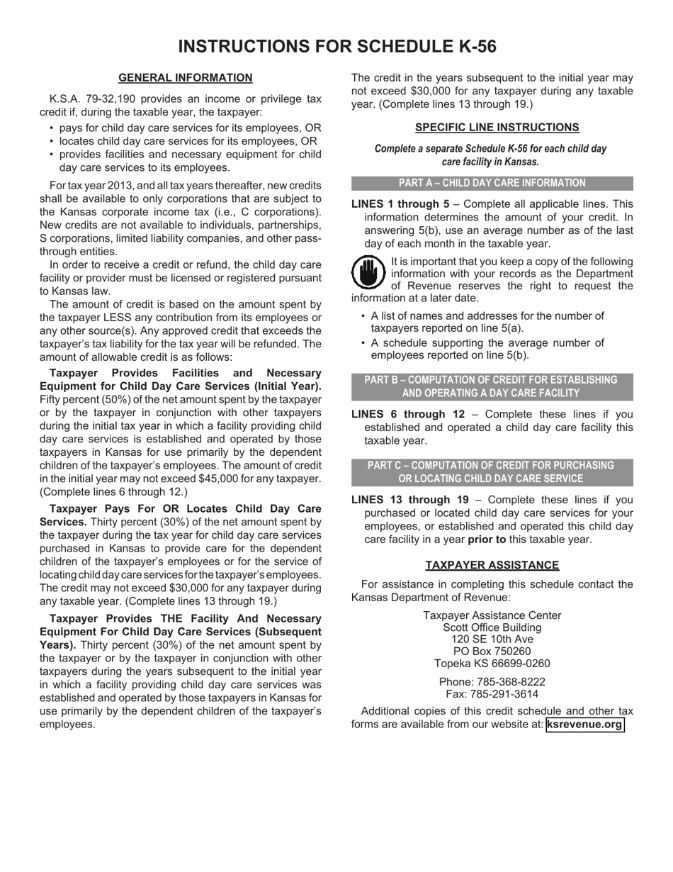 Schedule K-56 Child Day Care Assistance Credit - Kansas, Page 2