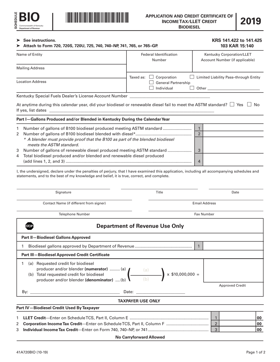 Form 41A720BIO Schedule BIO Application and Credit Certificate of Income Tax / Llet Credit - Biodiesel - Kentucky, Page 1