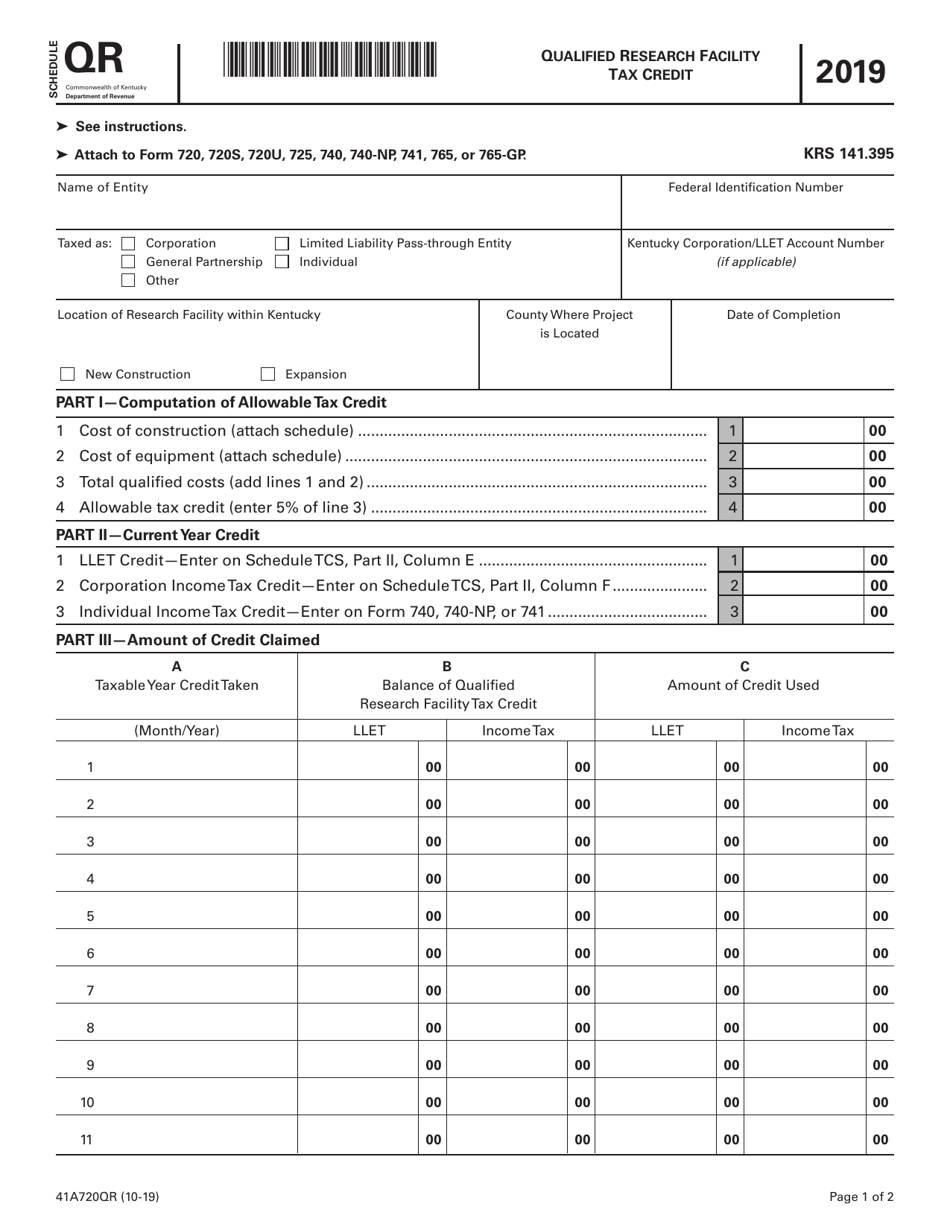 Form 41A720QR Schedule QR Qualified Research Facility Tax Credit - Kentucky, Page 1