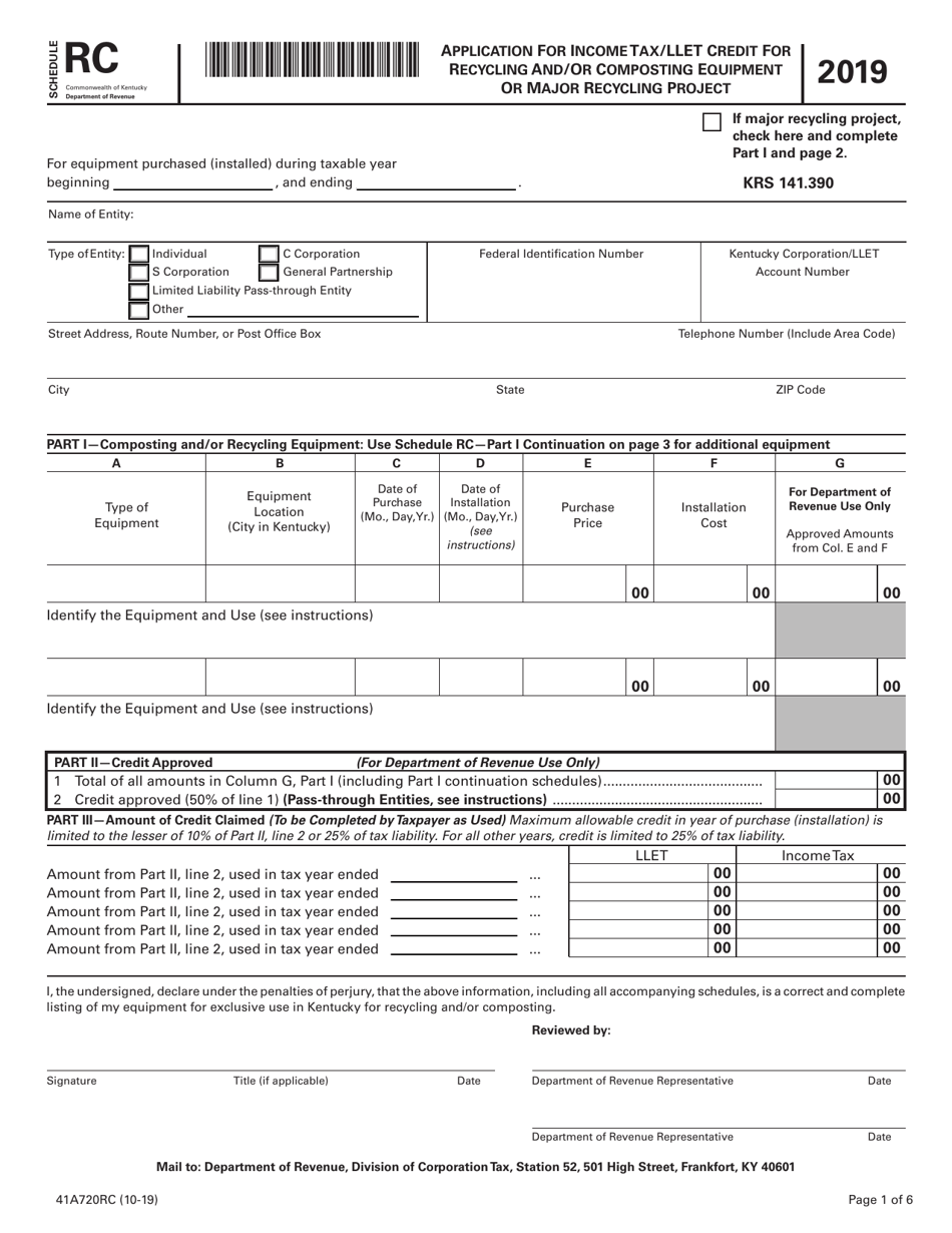 Form 41A720RC Schedule RC Application for Income Tax / Llet Credit for Recycling and / or Composting Equipment or Major Recycling Project - Kentucky, Page 1